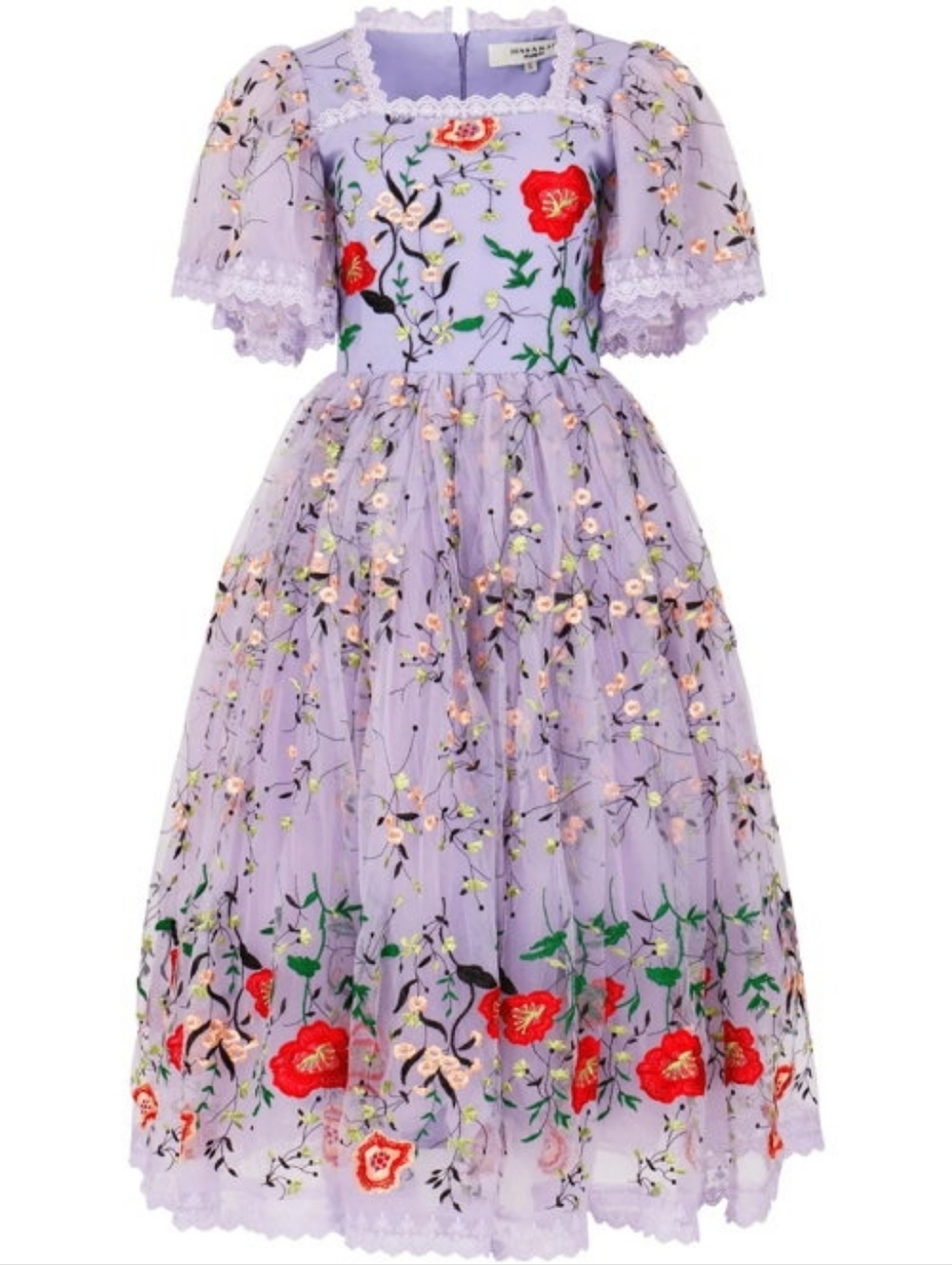 JessaKae Darla Dress Lavender Floral Embroidered Midi Dress with Red Flowers